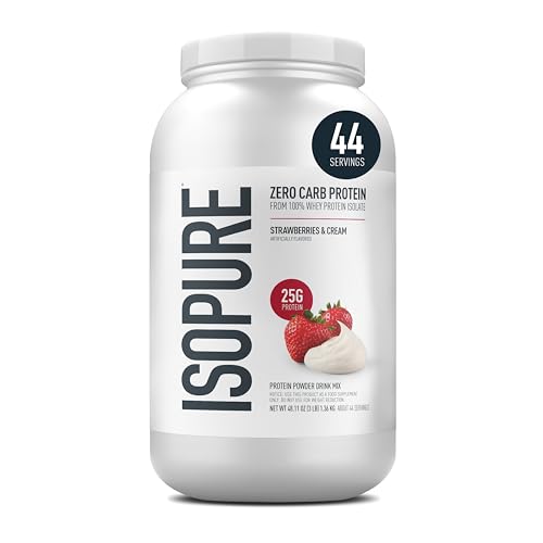 Isopure Zero Carb 100% Pure Whey Isolate Protein Powder, Gluten Free, With Vitamins, Strawberries & Cream, 25g Protein Per Serving, 3 Lbs, 44 Servings (Packaging May Vary)