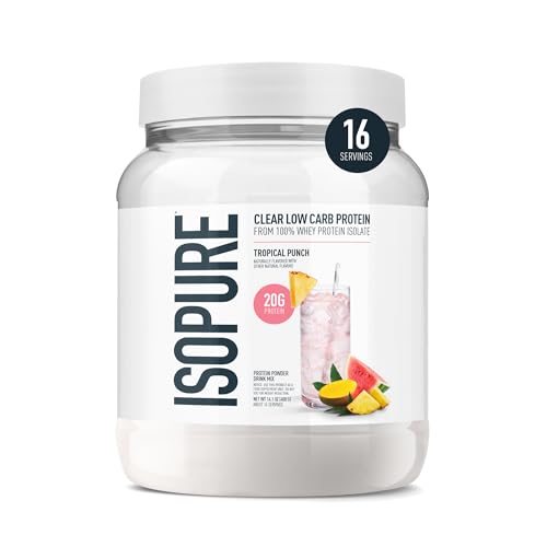 Isopure Clear Whey Isolate Protein Powder, Lactose Free, Gluten Free, Naturally Flavored, Tropical Punch, 20g Protein Per Serving, 14.1 Oz, 16 Servings (Packaging May Vary)