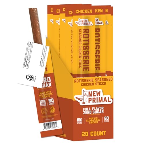 New Primal Rotisserie Chicken Sticks, Zero Sugar High Protein Snack, Gluten Free Whole30 Healthy Snacks, Keto and Paleo Friendly, Jerky Meat Stick, 10g Protein, 20 Ct