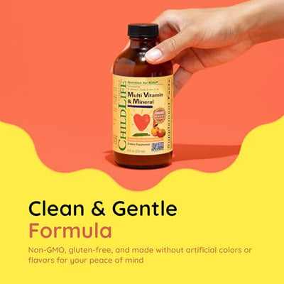 CHILDLIFE ESSENTIALS Kids Multivitamin & Mineral - Kids Vitamins, Liquid Multivitamin for Kids, Toddler Multivitamins, Liquid Vitamins, Baby Multivitamin - Natural Orange & Mango, 8 Fl Oz (Pack of 1)