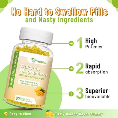 High Absorption Calcium Gummies, Calcium Magnesium Zinc with Magnesium Glycinate, Potassium, Vitamin D3 for Women & Men- Mango Flavor 60 Cts