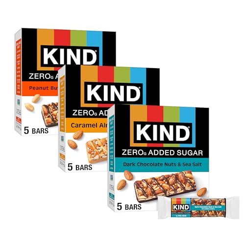 KIND ZERO Added Sugar Bars, Variety Pack, Dark Chocolate Nuts & Sea Salt, Caramel Almond & Sea Salt, Peanut Butter Dark Chocolate, Keto Friendly Snacks, Gluten Free, 5g Protein, 15 Count