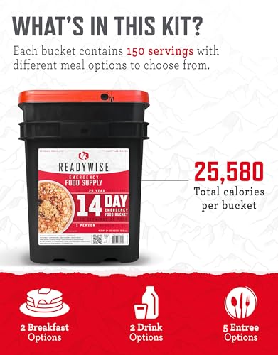 ReadyWise Emergency Food Supply - 14 Day, 150 Servings Emergency Freeze Dried Food Bucket, Protein Meals, Camping Essentials, Survival Kit, Disaster Prepping Supplies, up to 25 Year Shelf Life
