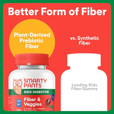 SmartyPants Kids Fiber & Veggies: Prebiotic Fiber Gummies for Kids, Fiber Supplement with Inulin, Organic Green Veggie Blend, Vegan, Gluten Free, Mixed Berry Flavor, 60 Count (30 Day Supply)