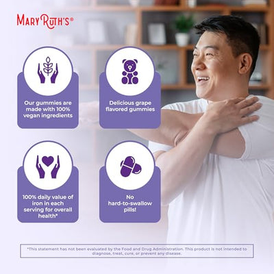 MaryRuth's Iron Gummies for 14+ with Vitamin C for Absorption | Sugar Free | Gummy Iron Supplement + VIT C | Energy Metabolism | Cellular Health | Immune Support | Vegan | Non-GMO | 60 Count