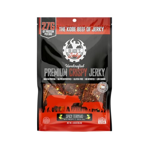 Blade's Jerky Premium Crispy Beef Jerky | High Protein Snack, Gluten Free, Keto Friendly | 1.25oz, Spicy Teriyaki