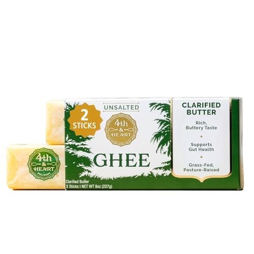 4th & Heart Grass-Fed Unsalted Ghee Sticks, Clarified Butter, Keto, Pasture Raised, Lactose and Casein Free, Certified Paleo and Whole30 Approved Food (8 Ounces)