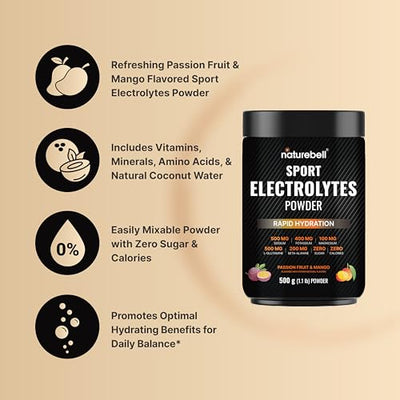 Sport Electrolytes Powder No Sugar, 500g (52 Servings) | Electrolyte Hydration Drink Mix with Sodium, Potassium, Magnesium, L-Glutamine, Beta Alanine, & Coconut Water – Passion Fruit & Mango Flavor