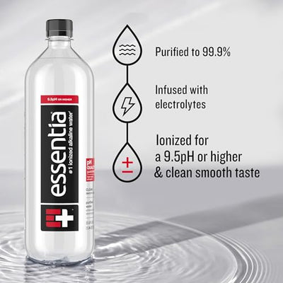 Essentia Bottled Water, 1 Liter, Pack of 6 Bottles; 99.9% Pure, Infused with Electrolytes for a Smooth Taste, pH 9.5 or Higher; Ionized Alkaline Water