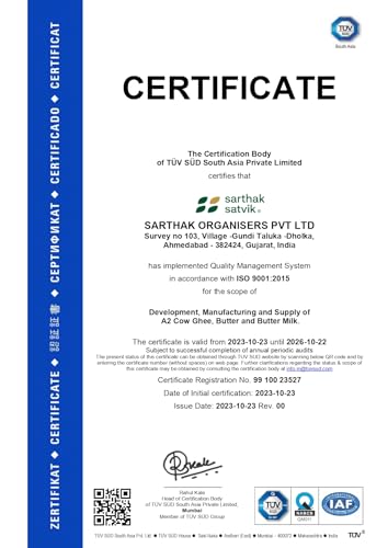 Sarthak Satvik A2 Cow Ghee Grass Fed Clarified Butter, 16.90 Oz Unsalted and Original, Ancient Bilona Made, Free Grazing, Desi Ghee, Pasture Raised Indigenous Breed Cows, Sustainably Sourced, 500 ml