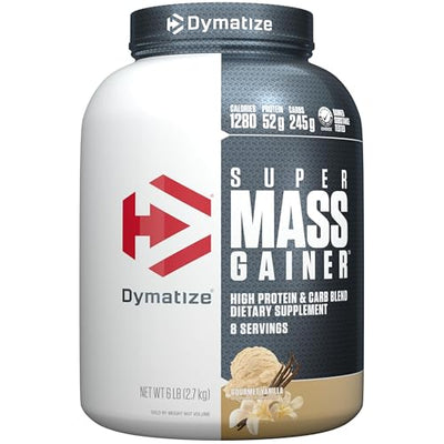Dymatize Super Mass Gainer Protein Powder, Gourmet Vanilla, 52g Protein, 1g Creatine, 1280 Calories, 10.7g BCAAs, 245g Carbs, Contains Whey Protein Powder, Isolate, and Casein (8 Servings)