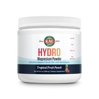 KAL Hydro Magnesium Plus Electrolytes Powder - Tropical Fruit Punch - Sodium, Chloride, Potassium Supplement - Hydration & Cellular Energy Drink Mix - No Sugar - 60-Day Guarantee, 50 Servings, 9.4 OZ