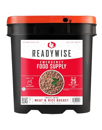 ReadyWise Emergency Food Supply - 88 Servings Meat & Rice Bucket, Freeze Dried Protein Meals, Camping Essentials, Bulk Rice & Survival Food, Disaster Prepping Supplies, up to 25 Year Shelf Life