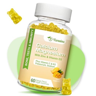 High Absorption Calcium Gummies, Calcium Magnesium Zinc with Magnesium Glycinate, Potassium, Vitamin D3 for Women & Men- Mango Flavor 60 Cts