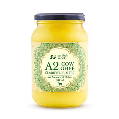 Sarthak Satvik A2 Cow Ghee Grass Fed Clarified Butter, 16.90 Oz Unsalted and Original, Ancient Bilona Made, Free Grazing, Desi Ghee, Pasture Raised Indigenous Breed Cows, Sustainably Sourced, 500 ml