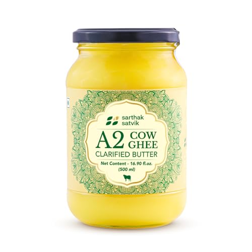 Sarthak Satvik A2 Cow Ghee Grass Fed Clarified Butter, 16.90 Oz Unsalted and Original, Ancient Bilona Made, Free Grazing, Desi Ghee, Pasture Raised Indigenous Breed Cows, Sustainably Sourced, 500 ml