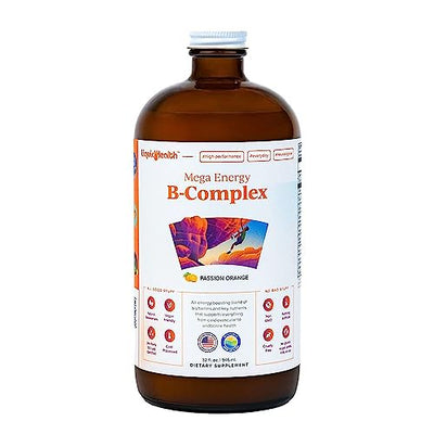 LIQUIDHEALTH Mega Energy Methylated B-Complex, Adult Liquid Vitamin Supplement - Increase Energy, Relieve Stress & Fatigue, Immune Support, Heart & Gut Health - Made in USA, Vegan, Sugar-Free (32 oz)