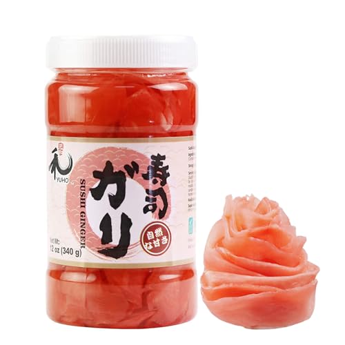 YUHO Pickled Sushi Ginger, Japanese Pink Gari Sushi Ginger Fat Free, Sugar Free, Kosher, BRC, No MSG, Low cal 12 oz