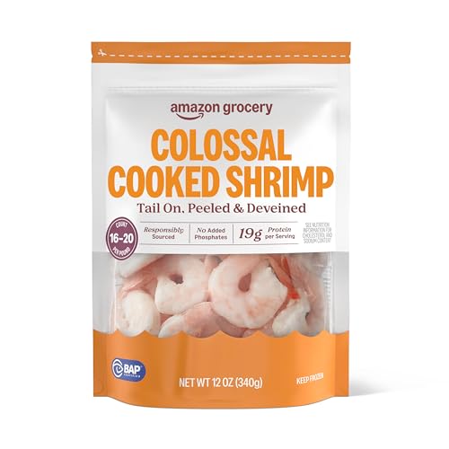 Amazon Grocery, Colossal Cooked Shrimp, Tail On, Peeled & Deveined, 12 oz, Frozen (Previously Amazon Fresh Brand, Packaging May Vary)