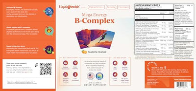 LIQUIDHEALTH Mega Energy Methylated B-Complex, Adult Liquid Vitamin Supplement - Increase Energy, Relieve Stress & Fatigue, Immune Support, Heart & Gut Health - Made in USA, Vegan, Sugar-Free (32 oz)