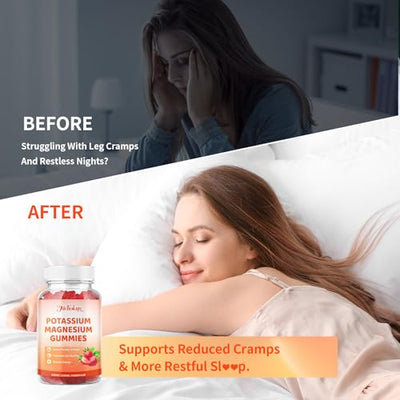 Potassium Magnesium Gummies, High Absorption Magnesium Glycinate, Magnesium Potassium Supplement with Vitamin B6 D3 B12 for Leg Cramps & Muscle Health, Sugar-Free Strawberry Flavor 60 Count