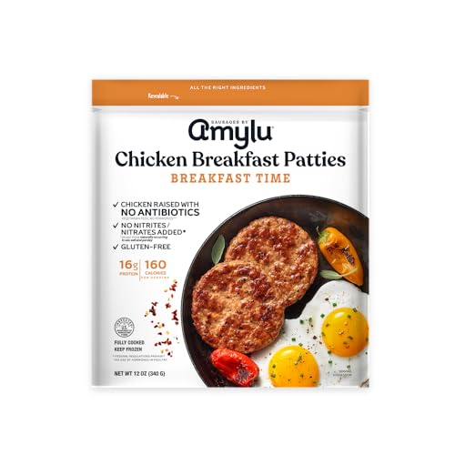 Amylu Foods Chicken Sausage Breakfast Patties, Breakfast Time, Natural Ingredients, 16g of Protein, GAP Chicken Raised with No Antibiotics, Fully Cooked, Gluten-Free, Pork-Free, No Nitrates or Nitrites, 12 oz