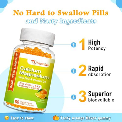 High Absorption Calcium Gummies, Sugar Free Calcium Magnesium Supplement with Potassium Vitamin D3 for Men and Women - Vegan, Orange Flavor 60 Cts