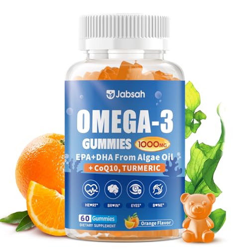 Vegan Omega-3 Gummies 1000mg from Algae Oil (DHA 460mg & EPA 230mg), Omega 3 Fish Oil Alternative for Adults, Plus Turmeric & CoQ10 for Brain, Eye & Immune Health, No Fishy Taste, Sugar Free, 60 Cts