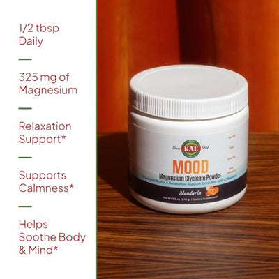 KAL Mood Magnesium Powder with L-Theanine - Mandarin Flavor Magnesium Supplement - Relaxation Support, High Absorption, No Added Sugar, Vegan, Gluten Free, Made Without Soy - 40 Servings, 9.8 oz