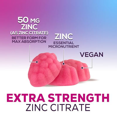 Zinc Gummies 50mg - Extra Strength Skin Health & Immune Support Gummy, Vegan, Non-GMO & Gluten Free - Best Zinc Supplement Antioxidant Heart & Bone Health Chewable Tasty Berry Flavor - 60 Gummies