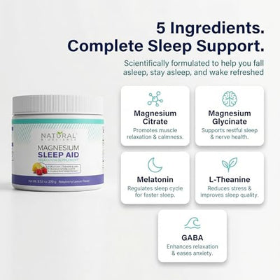 Magnesium Sleep Night Time Powder - Magnesium Citrate, Magnesium Glycinate with Melatonin, L-Theanine and GABA Sleep Aid, Natural Sleep Supplement, Vegan, Gluten-Free, Raspberry Lemon Flavor