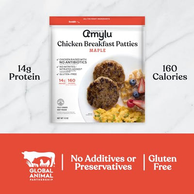 Amylu Foods Chicken Sausage Breakfast Patties, Maple, Natural Ingredients, 14g of Protein, GAP Chicken Raised with No Antibiotics, Fully Cooked, Gluten-Free, Pork-Free, No Nitrates or Nitrites, 12 oz