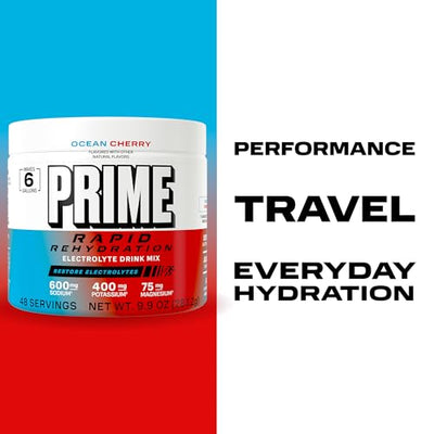 Prime Rapid Rehydration Electrolyte Powder, Ocean Cherry, Sugar Free Hydration Drink Mix with Sodium, Potassium, Magnesium & B Vitamins to Replenish Fluids, Caffeine Free, 6 Gallon Tub, 48 SRV