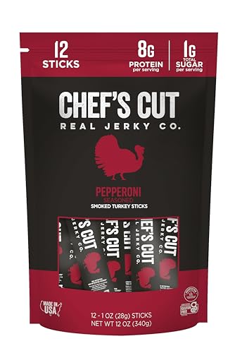 Chef’s Cut Real Turkey Jerky | Smoked Turkey Meat Sticks | High Protein Snack with 8 g Protein & 100 Calories, Gluten Free, Keto-Friendly| Pepperoni | 1 oz Stick (12-Count Bag)