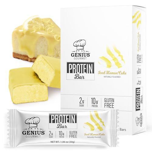 Genius Gourmet Protein Bar, Iced Lemon Cake, Keto Snack, Low Carb, Low Sugar & Gluten Free, Protein Snacks for Adults, 10G of Whey Protein per Protein Bar, 5 Net Carbs, 10 Count