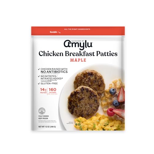 Amylu Foods Chicken Sausage Breakfast Patties, Maple, Natural Ingredients, 14g of Protein, GAP Chicken Raised with No Antibiotics, Fully Cooked, Gluten-Free, Pork-Free, No Nitrates or Nitrites, 12 oz