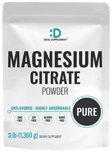 DEAL SUPPLEMENT Magnesium Citrate Powder 500mg, 3lbs – Unflavored, Easily Absorbed – Purified Trace Mineral for Muscle, Heart, & Digestive Support – One a Day, Non-GMO, Filler Free