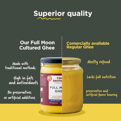 Full Moon A2 Ghee | Cultured, Grass-Fed Desi Cow Clarified Butter | Healthy Butter Alternative | Made in Small Batch | Keto & Paleo Friendly,Ayurvedic Cooking Superfood from Two Brothers Organic Farms