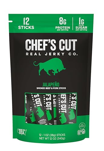Chef’s Cut Real Snack Sticks | High Protein Meat Snack Sticks with 8g Protein, Gluten Free, Keto-Friendly| Premium Smoked Beef & Pork Blend | Jalapeño Heat | 1 oz Stick (12-Count Bag)