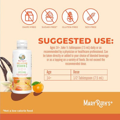 MaryRuth's Megadose Liquid Vitamin C Liposomal | 500 mg Per Serving | Ultra Absorption | Immunity | Antioxidant Support | Collagen Formation | Vegan | Gluten Free | Sugar Free | 7.6 Oz | 30 Servings