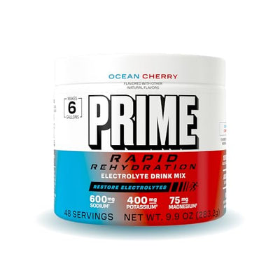 Prime Rapid Rehydration Electrolyte Powder, Ocean Cherry, Sugar Free Hydration Drink Mix with Sodium, Potassium, Magnesium & B Vitamins to Replenish Fluids, Caffeine Free, 6 Gallon Tub, 48 SRV