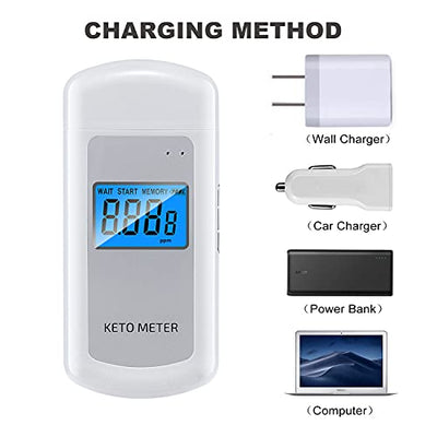 Rechargeable Ketone Meter Analyzer Professional Grade Accuracy Breath Ketone Meter LCD Digital Display Ketosis Breath Breathalyzer Tracing Ketones Status with 10 Mouthpieces