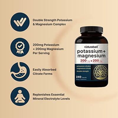 Naturebell Potassium Magnesium Electrolyte Powder Capsules | 200mg Potassium + 200mg Magnesium Citrate | Muscle, Heart & Hydration Support | Keto & Carnivore Friendly | No Sugar, Non-GMO
