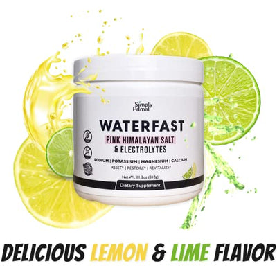 Simply Primal WATERFAST Keto Electrolyte Powder for Fasting and Hydration - Lemon Lime Flavor | Pink Himalayan Salt (Sodium), Potassium, Magnesium, Calcium | Sugar Free, Gluten Free, Soy Free