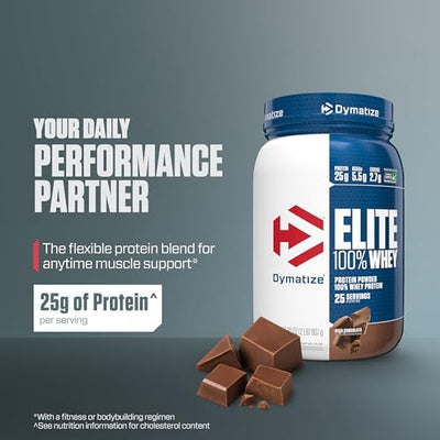 Dymatize Elite 100% Whey Protein Powder, Chocolate, 25g of Protein, 5.5g BCAAs, Less Than 140 Cal., Gluten Free, 3g Carb, 2g Sugar, 3g Fat (25 Servings)