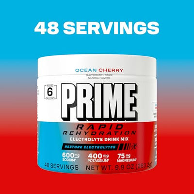 Prime Rapid Rehydration Electrolyte Powder, Ocean Cherry, Sugar Free Hydration Drink Mix with Sodium, Potassium, Magnesium & B Vitamins to Replenish Fluids, Caffeine Free, 6 Gallon Tub, 48 SRV
