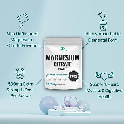 DEAL SUPPLEMENT Magnesium Citrate Powder 500mg, 3lbs – Unflavored, Easily Absorbed – Purified Trace Mineral for Muscle, Heart, & Digestive Support – One a Day, Non-GMO, Filler Free