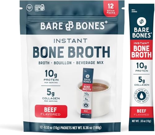 Bones Bone Broth Instant Powder Sticks - 10g Protein, Collagen Rich - Keto & Pale - Gluten-Free, Non-GMO - On The Go Individual Packets, 0.53 Oz (12 Pack)