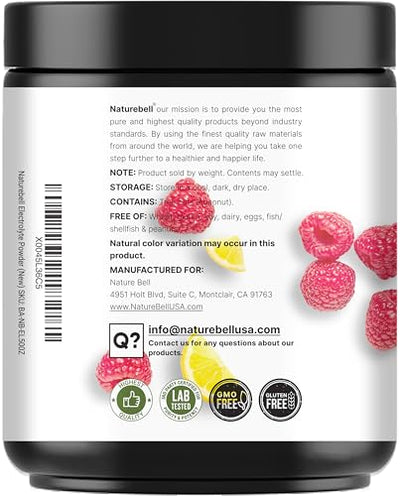 Naturebell Electrolytes Powder No Sugar, 500g (76 Servings) | Keto Fast Hydration Formula | 1,000mg Potassium + Trace Minerals & Coconut Water | Raspberry Lemonade Flavor | Carnivore Friendly