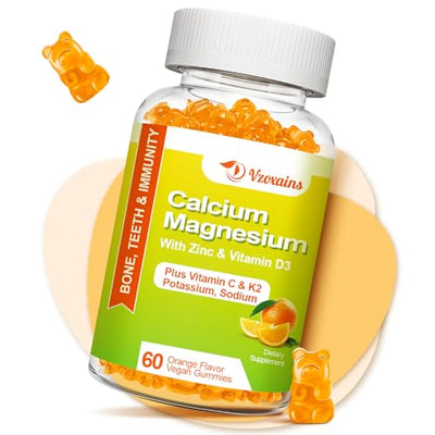 High Absorption Calcium Gummies, Sugar Free Calcium Magnesium Supplement with Potassium Vitamin D3 for Men and Women - Vegan, Orange Flavor 60 Cts